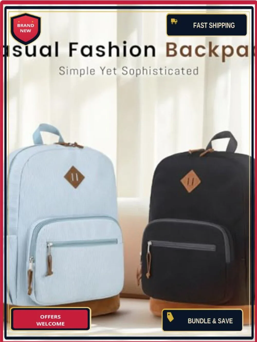 Corduroy Teen Student Backpack 24L Fits 15.6in Laptop, DIY Blank